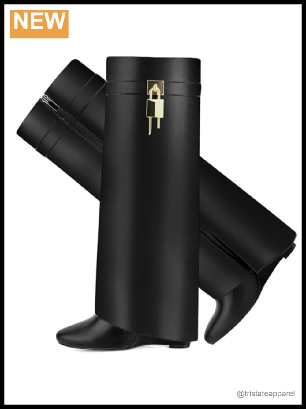 Fold Over Knee High Shark Boots 4-Inch Wedge Heel Side Zipper Faux Leather